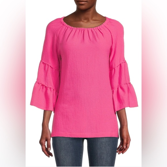 NWT Calessa Solid Knit 3/4 Ruffle Tiered Cuffed Sleeve Tunic Fuchsia Sz Small - Picture 1 of 9